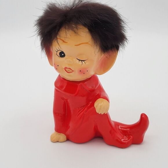 RARE Pristine 1950's Winking Red Pixie Elf Pointy Ear Real Fur Hair Figurine - Picture 13 of 14